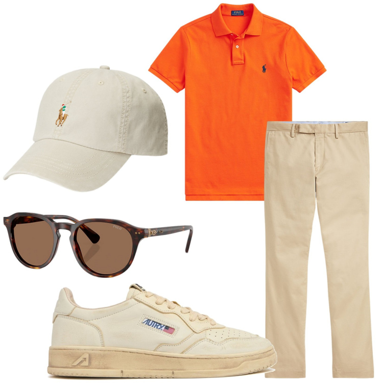 Outfit uomo - Total look #2222845. Stile Trendy per Tutti i giorni. Abbinamento con polo, cappelli, pantaloni chino, occhiali da sole, sneakers.