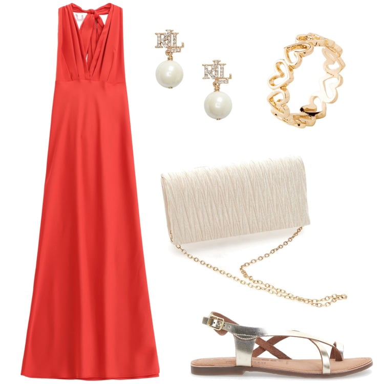 Outfit donna - Cena elegante. Stile Chic per Serata fuori. Abbinamento con anelli, vestiti lunghi, orecchini, sandali in pelle, borse a spalla.