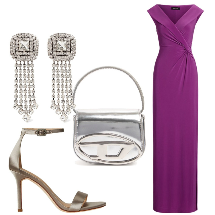 Outfit donna - Evento. Stile Glamour per Serata fuori. Abbinamento con vestiti lunghi, sandali col tacco, borse a mano, orecchini.