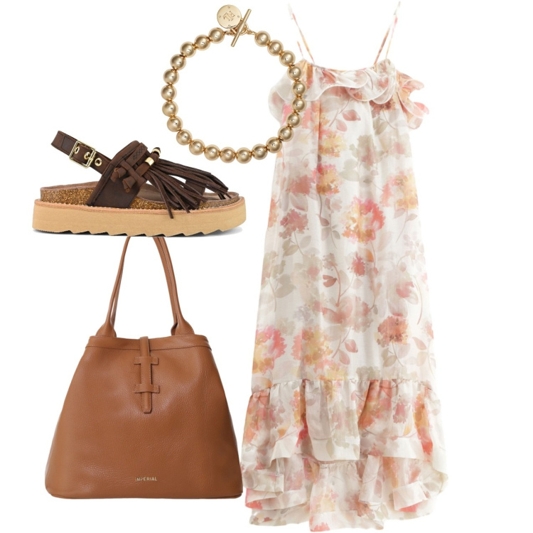 Outfit donna - Total look. Stile Romantica per Tutti i giorni. Abbinamento con vestiti lunghi, borse tote, braccialetti, sandali.