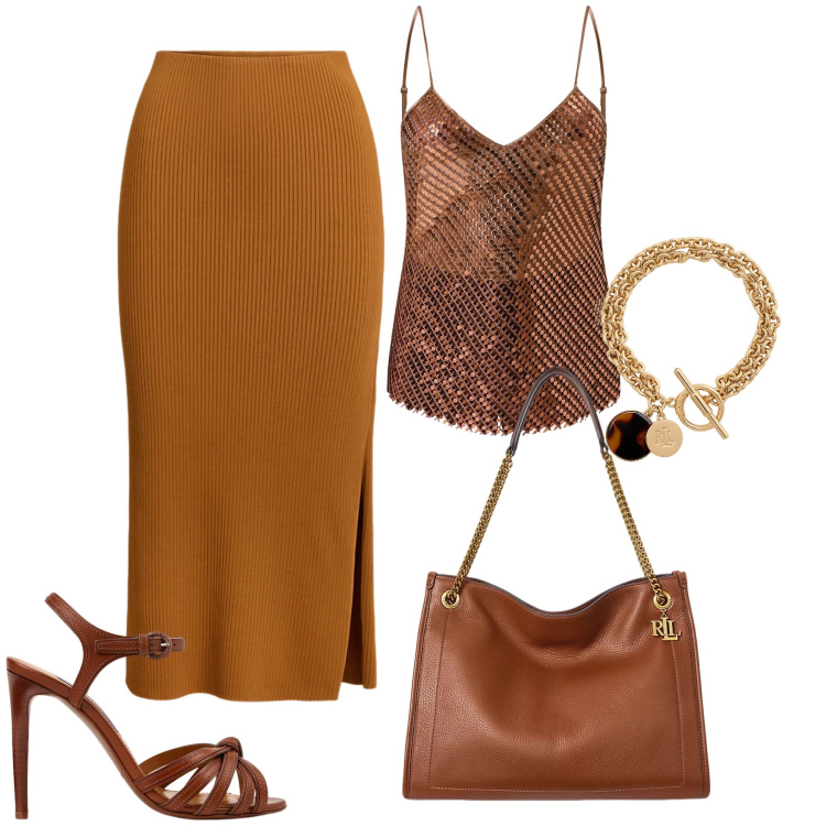 Outfit donna - Un\'estate italiana. Stile Glamour per Serata fuori. Abbinamento con canottiere, gonne, sandali col tacco, borse tote, braccialetti con ciondoli.