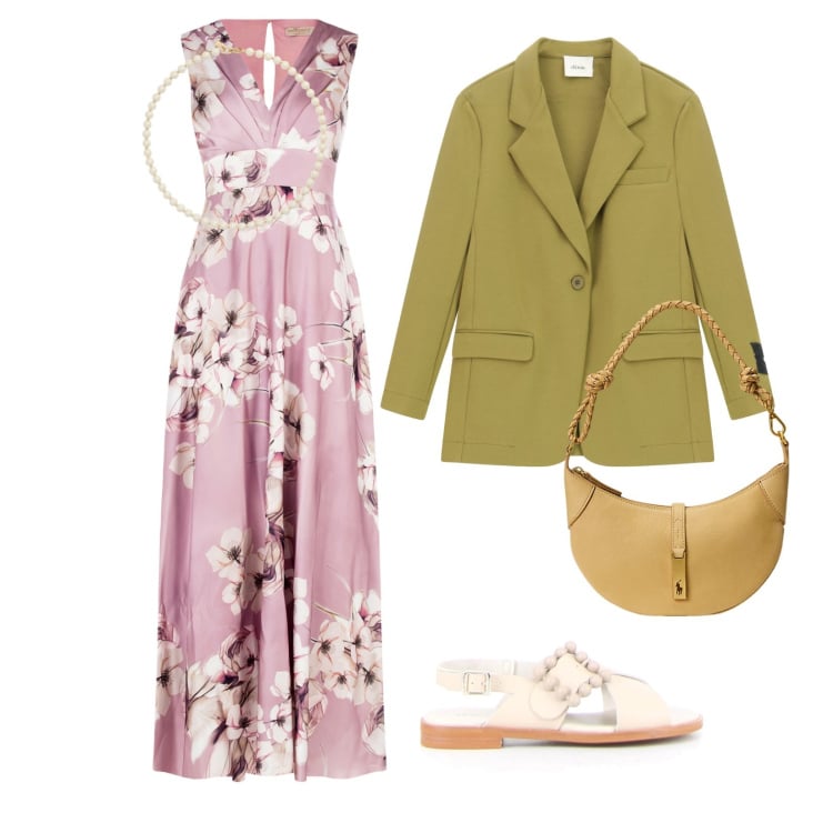 Outfit donna - Una passeggiata mattutina. Stile Romantica per Tutti i giorni. Abbinamento con vestiti lunghi, blazer, collane, borse a spalla, sandali.