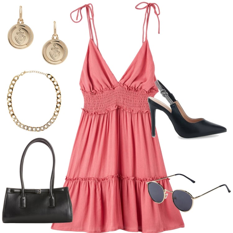 Outfit donna - Total look #2222857. Abbinamento con occhiali da sole, borse a mano, vestiti corti, collane, orecchini, décolleté.