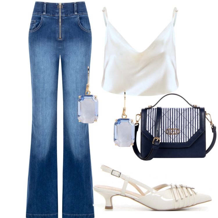 Outfit donna - Urban look. Stile Casual chic per Tutti i giorni. Abbinamento con canottiere, jeans, borse a mano, orecchini, décolleté.