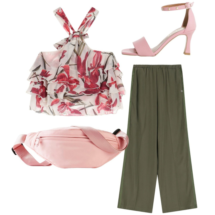 Outfit donna - City. Stile Chic per Tutti i giorni. Abbinamento con marsupi, pantaloni, sandali col tacco, canottiere.