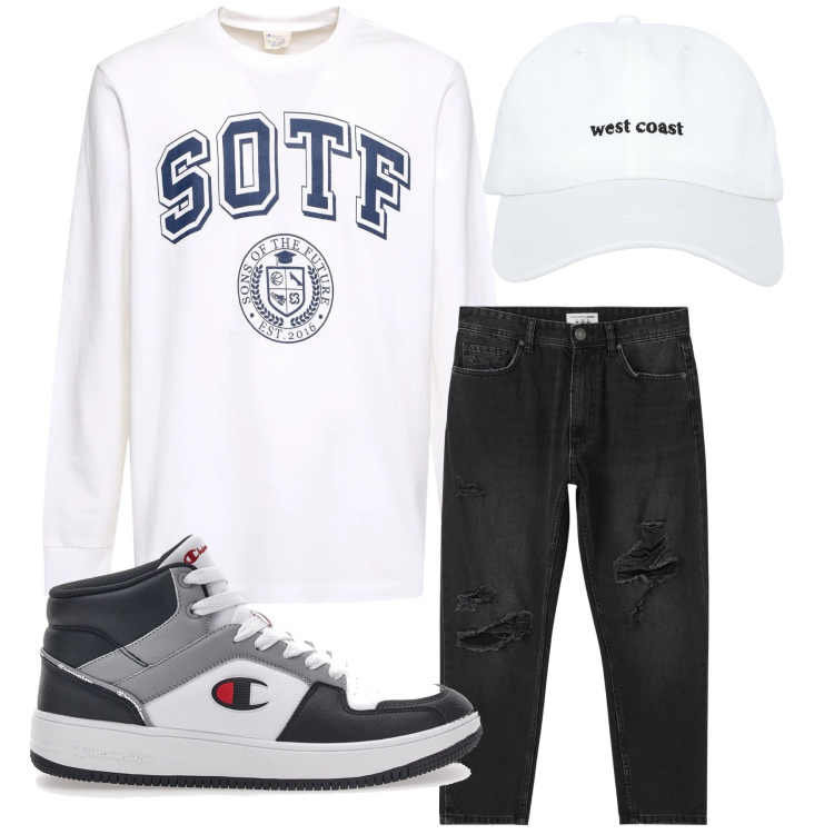 Outfit uomo - Casual chic. Abbinamento con jeans strappati, cappelli, sneakers alte, t-shirt.