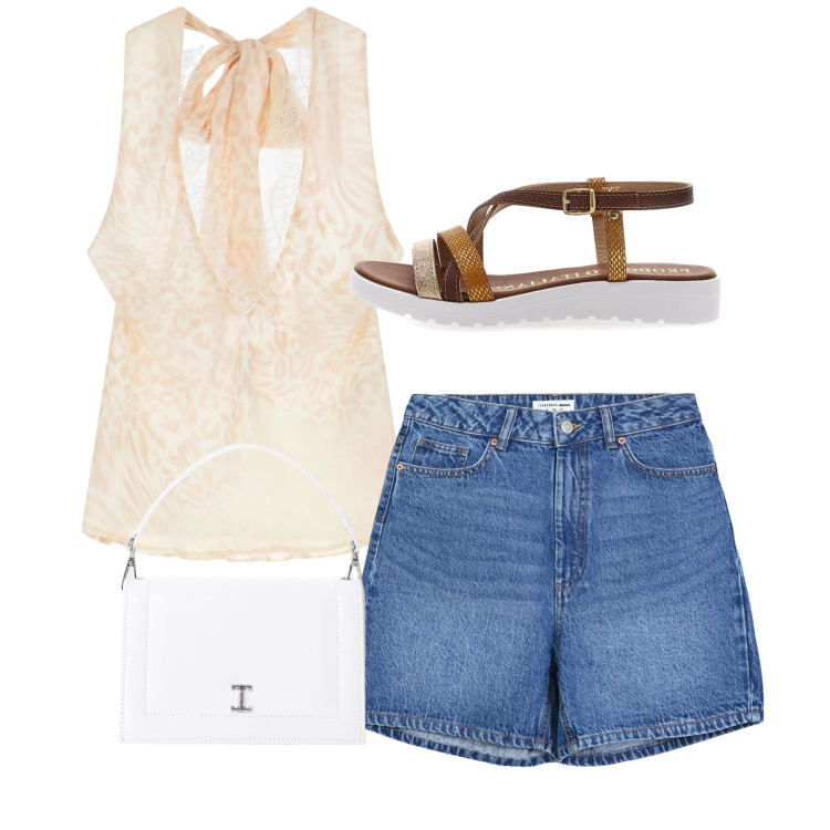 Outfit donna - Agosto city. Stile Casual chic per Tutti i giorni. Abbinamento con bermuda, borse a tracolla, top, sandali alla schiava.