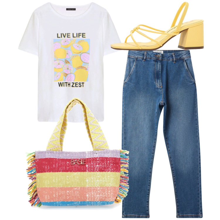 Outfit donna - Summer vibes. Stile Casual per Tutti i giorni. Abbinamento con sandali col tacco, jeans skinny, t-shirt, pochette.