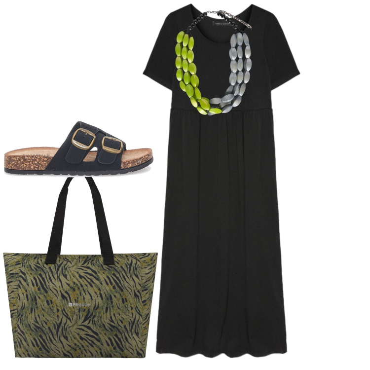 Outfit donna - City. Stile Urban per Tutti i giorni. Abbinamento con shopping bag, vestiti lunghi, collane, ciabatte.