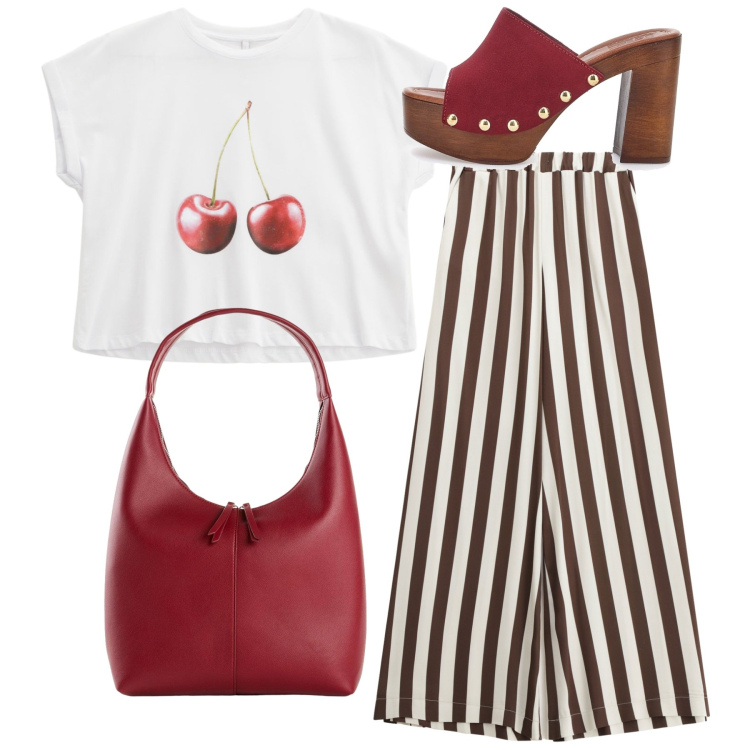 Outfit donna - Cherry. Stile Urban per Tutti i giorni. Abbinamento con shopping bag, t-shirt, pantaloni, zoccoli.