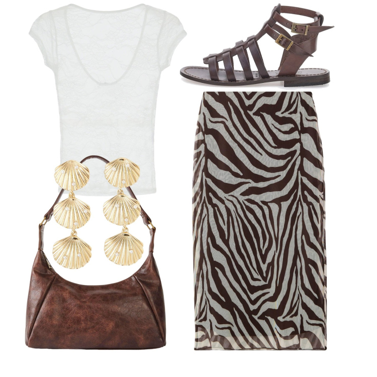 Outfit donna - Stilosa animalier. Stile Chic per Tutti i giorni. Abbinamento con borse a mano, gonne lunghe, orecchini, t-shirt, sandali alla schiava.