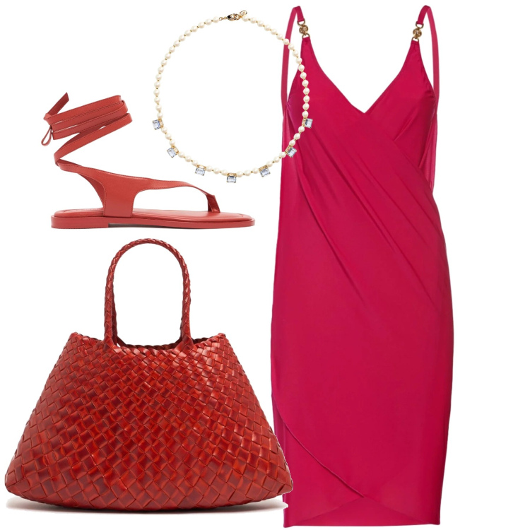 Outfit donna - Serata. Stile Chic per Serata fuori. Abbinamento con collane, sandali in pelle, vestiti, borse a spalla.
