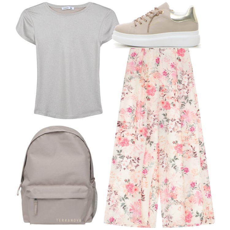 Outfit donna - City. Stile Casual per Tutti i giorni. Abbinamento con t-shirt, zaini, pantaloni a palazzo, sneakers.
