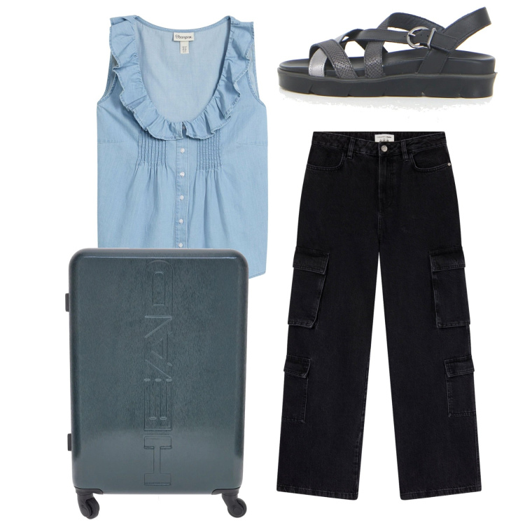 Outfit donna - Si parte. Stile Basic per Tutti i giorni. Abbinamento con top, jeans, sandali, valigie.