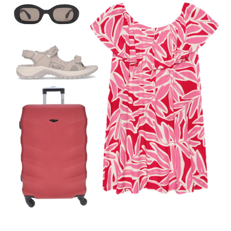 Outfit donna - Parto comoda. Stile Basic per Tutti i giorni. Abbinamento con vestiti corti, sandali, occhiali da sole, valigie.
