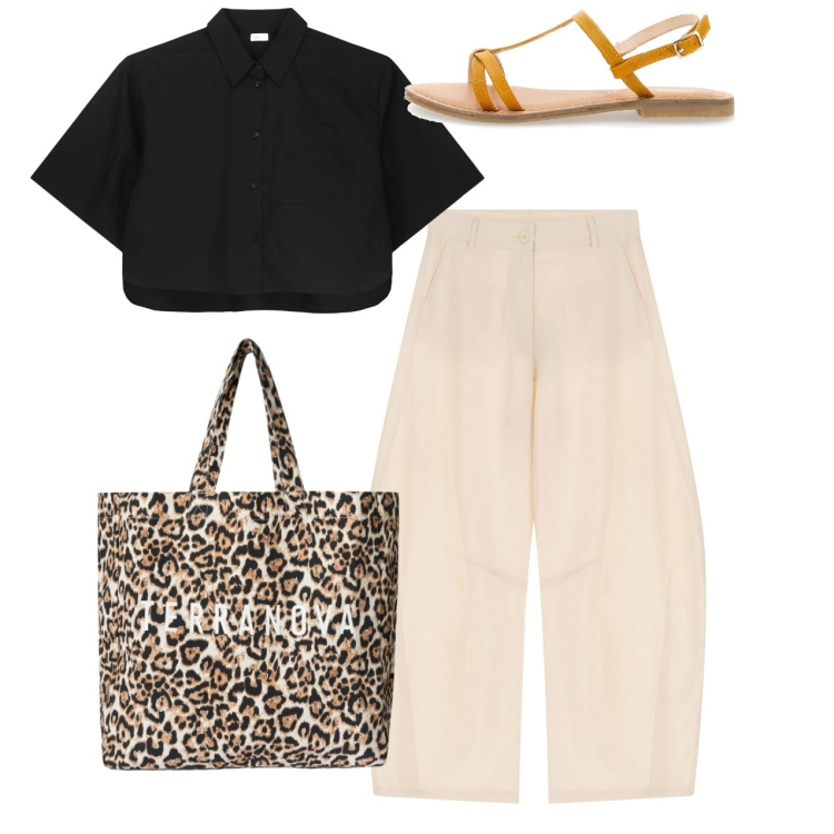 Outfit donna - I pantaloni trendy. Stile Bon Ton per Tutti i giorni. Abbinamento con borse tote, pantaloni, camicie a manica corta, sandali in pelle.