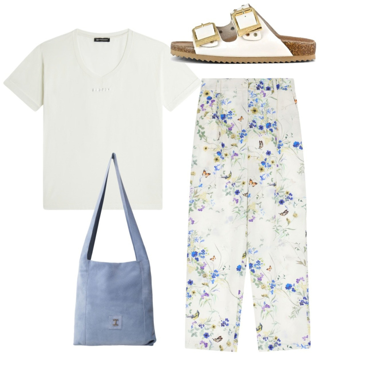 Outfit donna - City. Stile Casual per Tutti i giorni. Abbinamento con pantaloni, borse a tracolla, t-shirt, sandali.