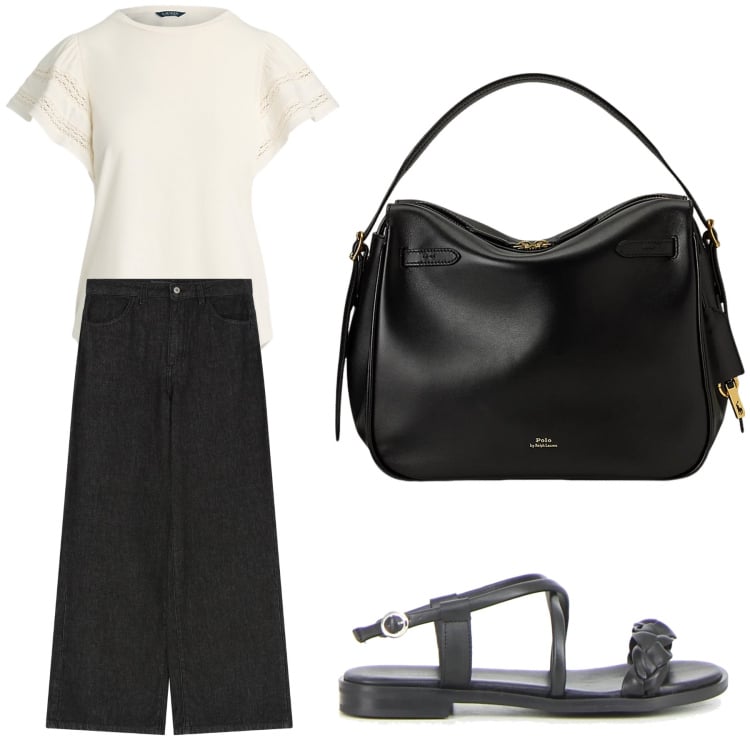 Outfit donna - Aperitivo. Stile Trendy per Tutti i giorni. Abbinamento con pantaloni a palazzo, t-shirt, borse a mano, sandali.