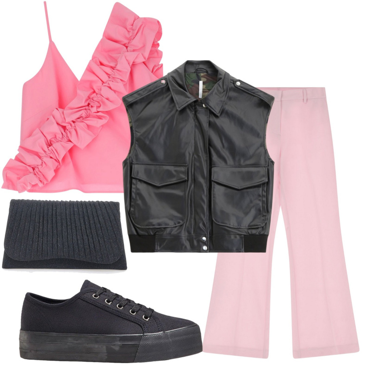 Outfit donna - Gilet funzionale. Stile Sporty chic per Tutti i giorni. Abbinamento con sneakers, top, gilet, pantaloni, clutch.