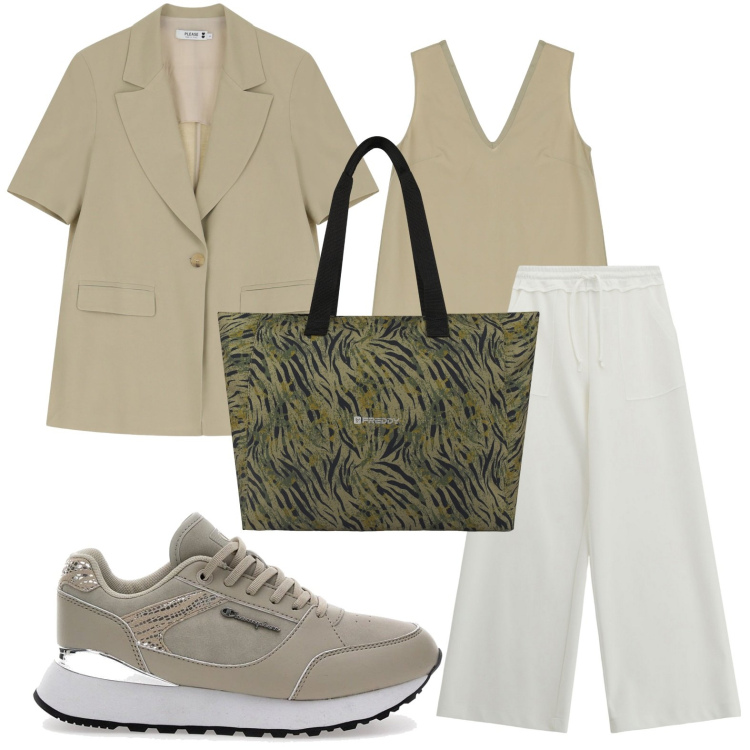 Outfit donna - Colori neutri. Stile Casual per Ufficio. Abbinamento con vestiti corti, blazer, pantaloni, shopping bag, sneakers.
