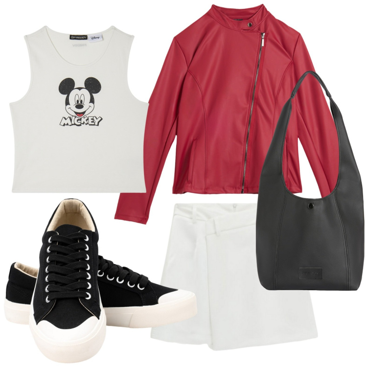 Outfit donna - Giacca stile chiodo. Stile Casual per Scuola/Università. Abbinamento con minigonne, giacche, borse a spalla, canottiere, sneakers.