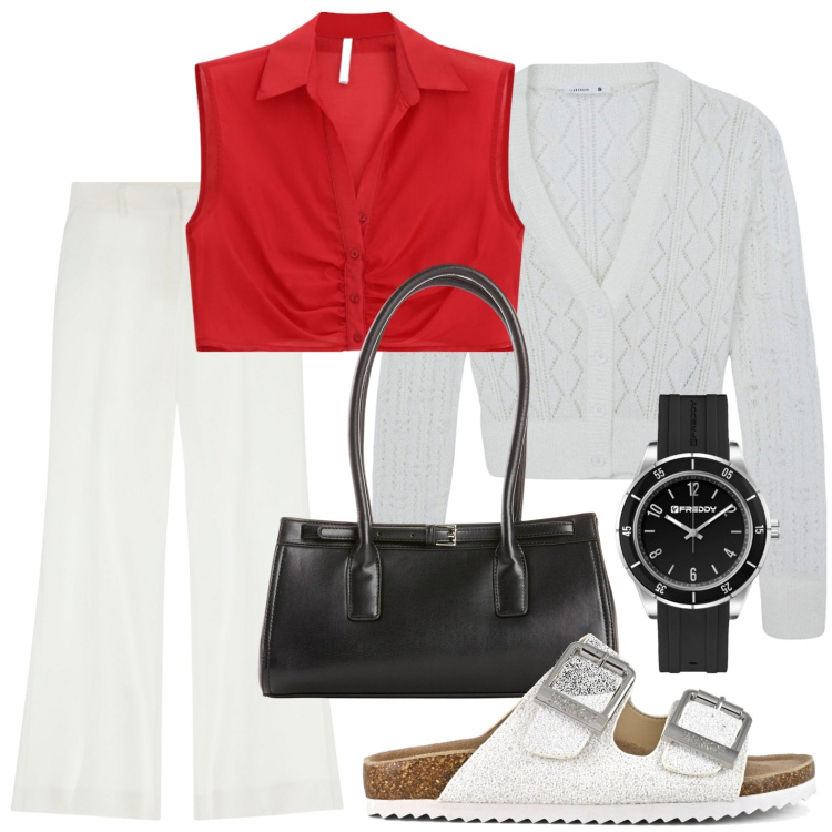 Outfit donna - Top eclettico. Stile Trendy per Ufficio. Abbinamento con borse a mano, cardigans, top, pantaloni, orologi, sandali.