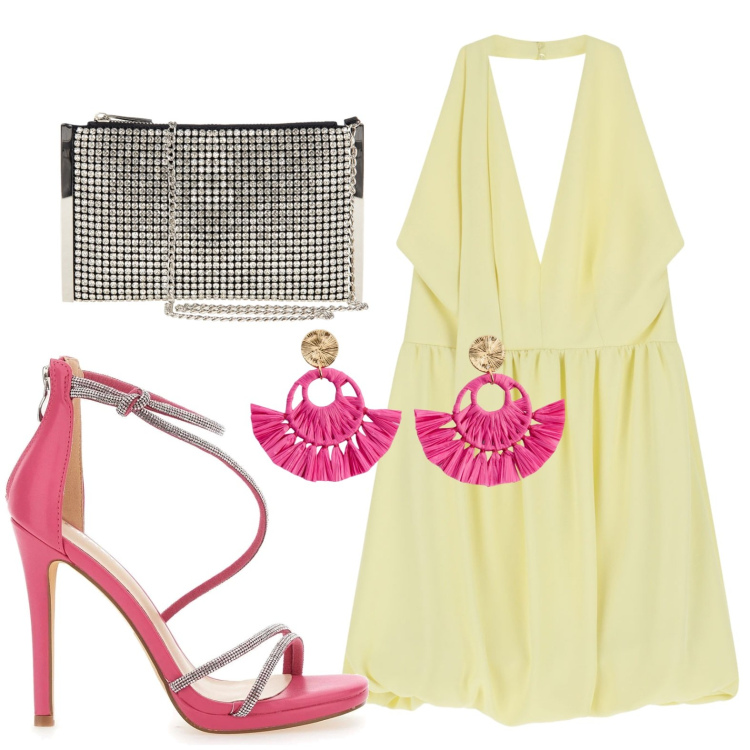 Outfit donna - Scollo all\'americana. Stile Etnico per Tutti i giorni. Abbinamento con orecchini, pochette, vestiti corti, sandali col tacco.