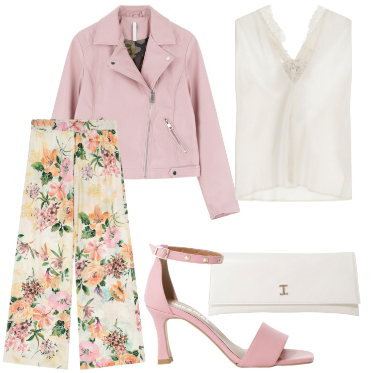 Outfit donna - Eleganza disinvolta. Stile Minimal per Serata fuori. Abbinamento con sandali col tacco, blazer, top, pochette, pantaloni a palazzo.