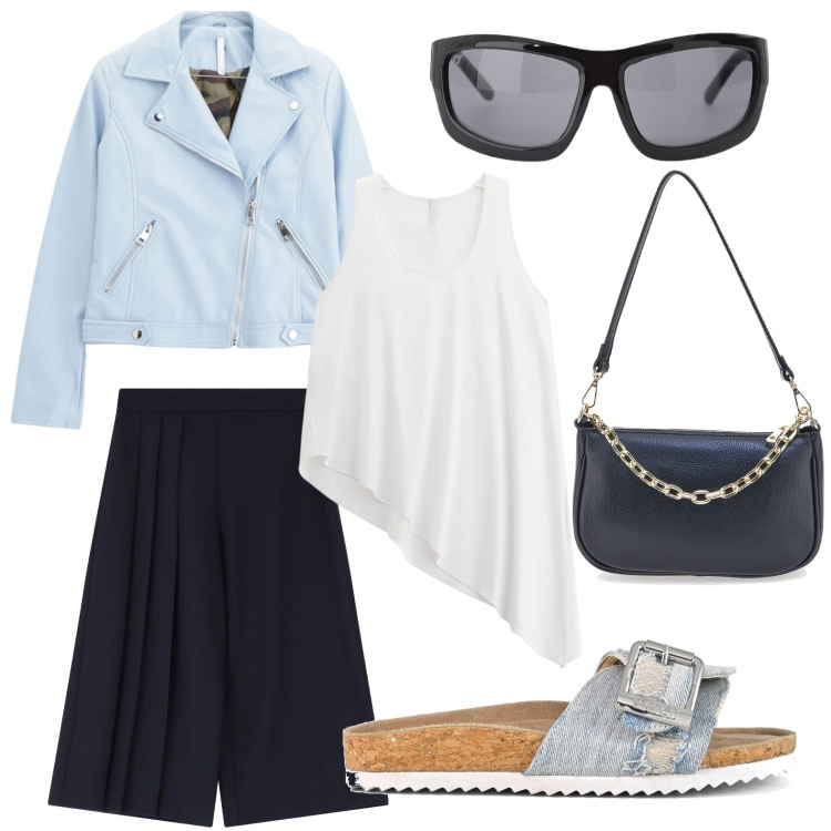 Outfit donna - Biker sofisticato. Stile Basic per Tutti i giorni. Abbinamento con canottiere, occhiali da sole, blazer, pantaloni, sandali, borse a tracolla.