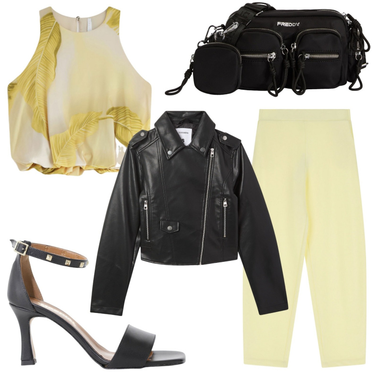 Outfit donna - Top tropicale. Stile Glamour per Serata fuori. Abbinamento con giacche, pantaloni, top, sandali col tacco, borse a tracolla.