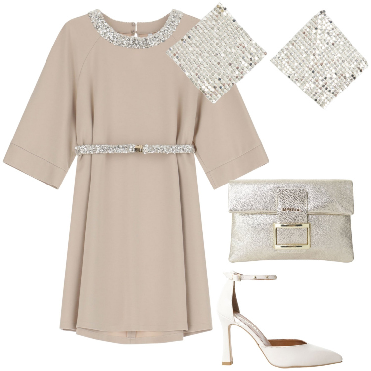 Outfit donna - Chic senza sforzo. Stile Bon Ton per Cerimonia. Abbinamento con orecchini, décolleté, pochette, vestiti corti.