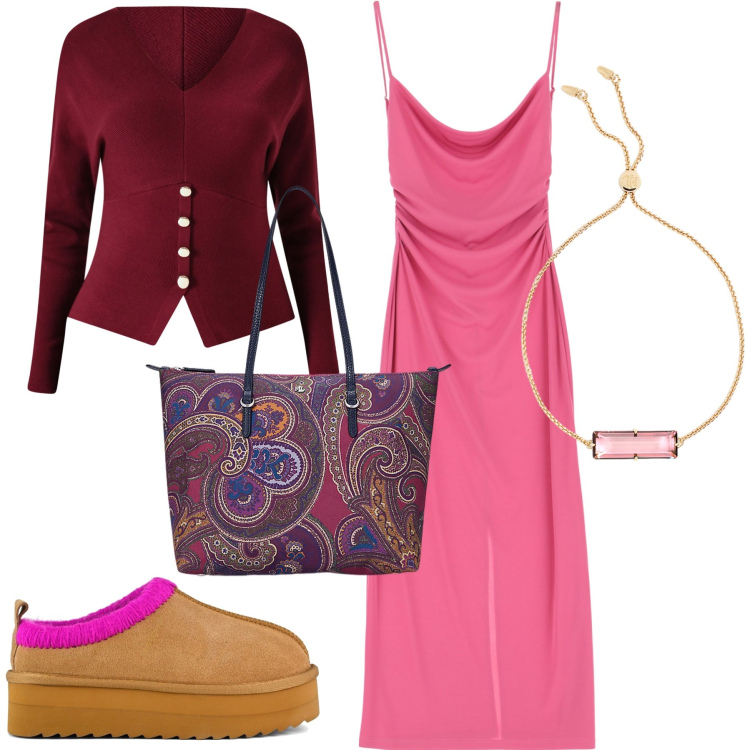 Outfit donna - Ton sur ton. Stile Trendy per Serata fuori. Abbinamento con maglieria, vestiti, borse tote, braccialetti, sabot.
