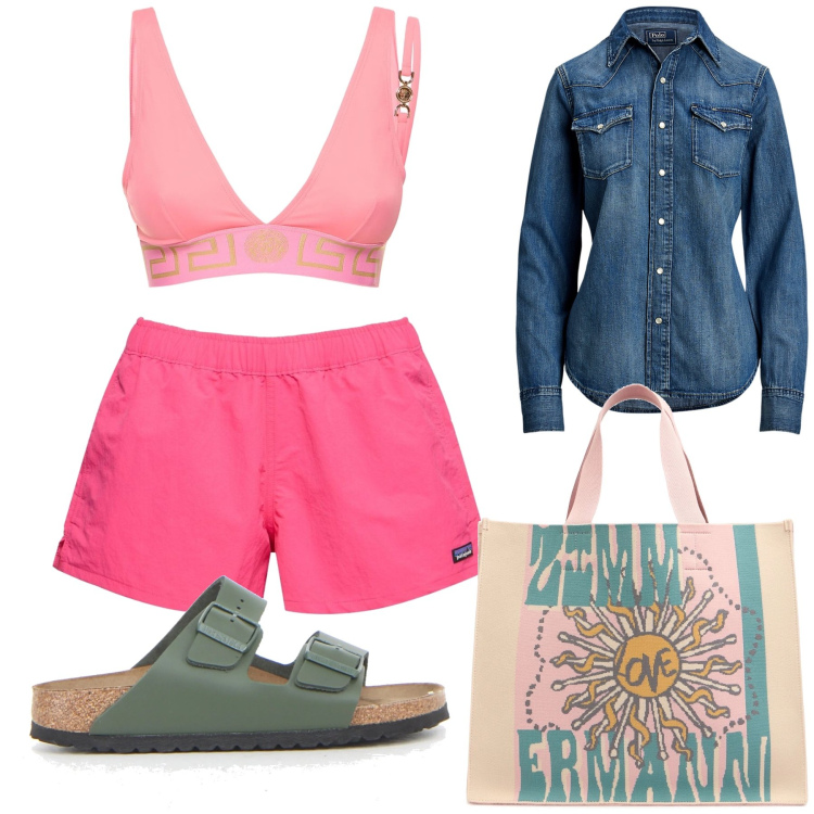Outfit donna - Spiaggia trendy. Stile Casual chic per Mare. Abbinamento con camicie, shopping bag, shorts, ciabatte, bikini.