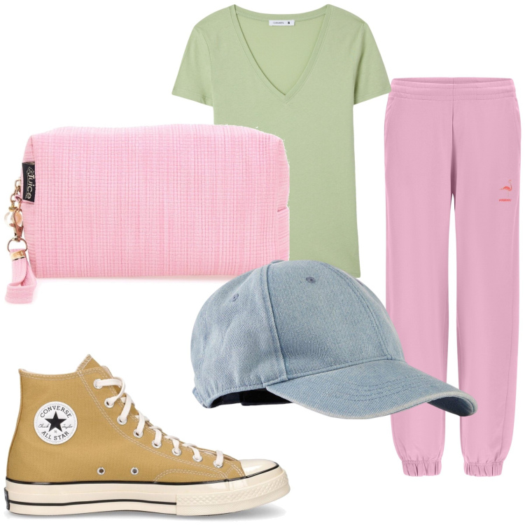 Outfit donna - Pastello. Stile Casual chic per Tutti i giorni. Abbinamento con cappelli con visiera, t-shirt, pantaloni, sneakers, valigie.