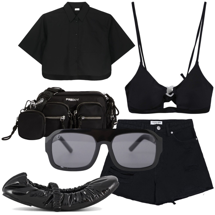 Outfit donna - Black forever. Stile Basic per Mare. Abbinamento con shorts, bikini, occhiali da sole, borse a tracolla, ballerine, camicie a manica corta.