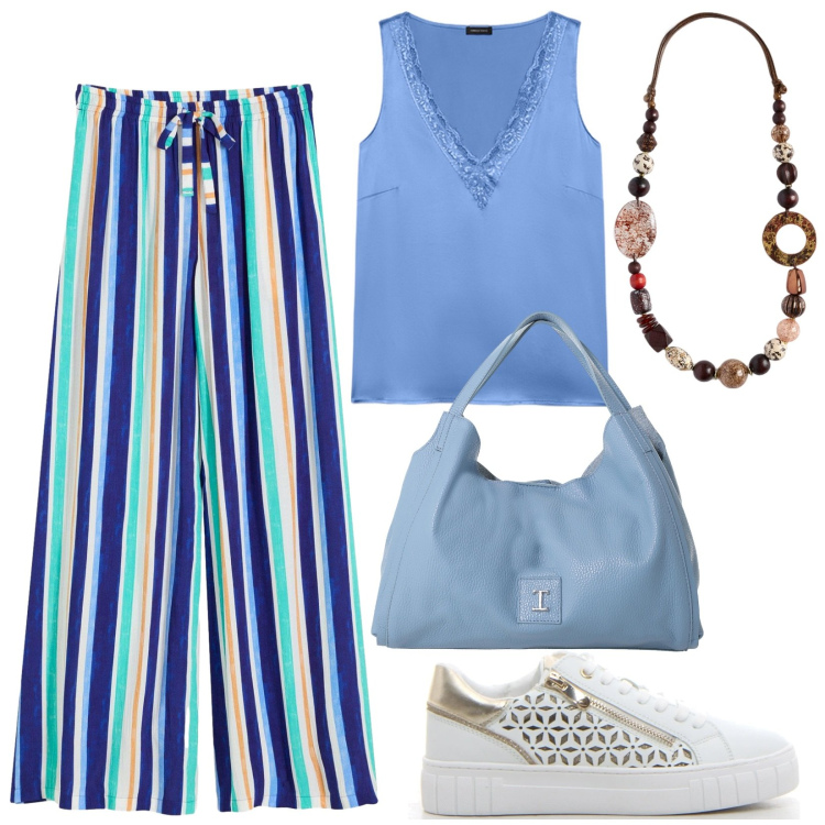 Outfit donna - Casual chic. Stile Casual chic per Tutti i giorni. Abbinamento con pantaloni, pochette, top, sneakers, collane.