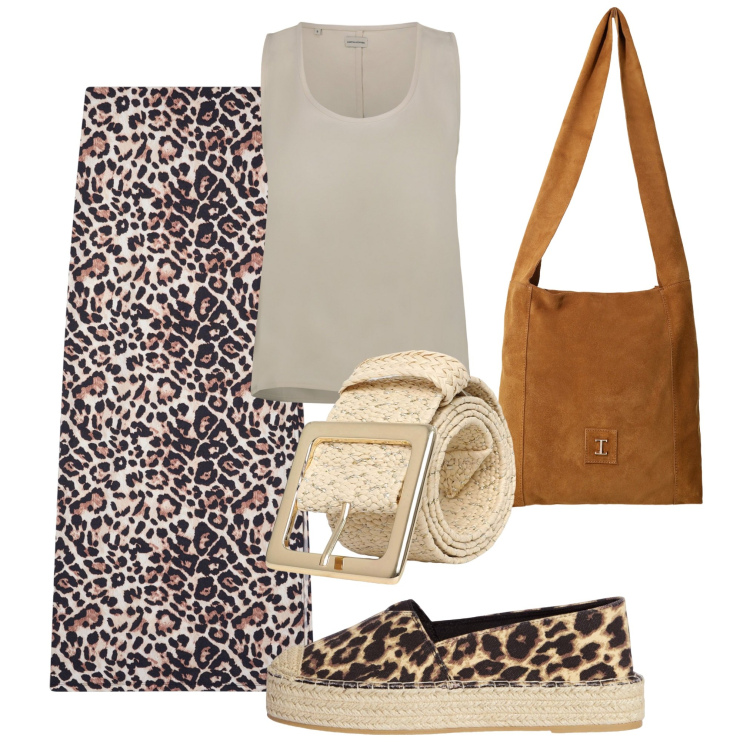 Outfit donna - Leopardata. Stile Casual per Tutti i giorni. Abbinamento con gonne lunghe, espadrillas, cinture, borse a tracolla, top.