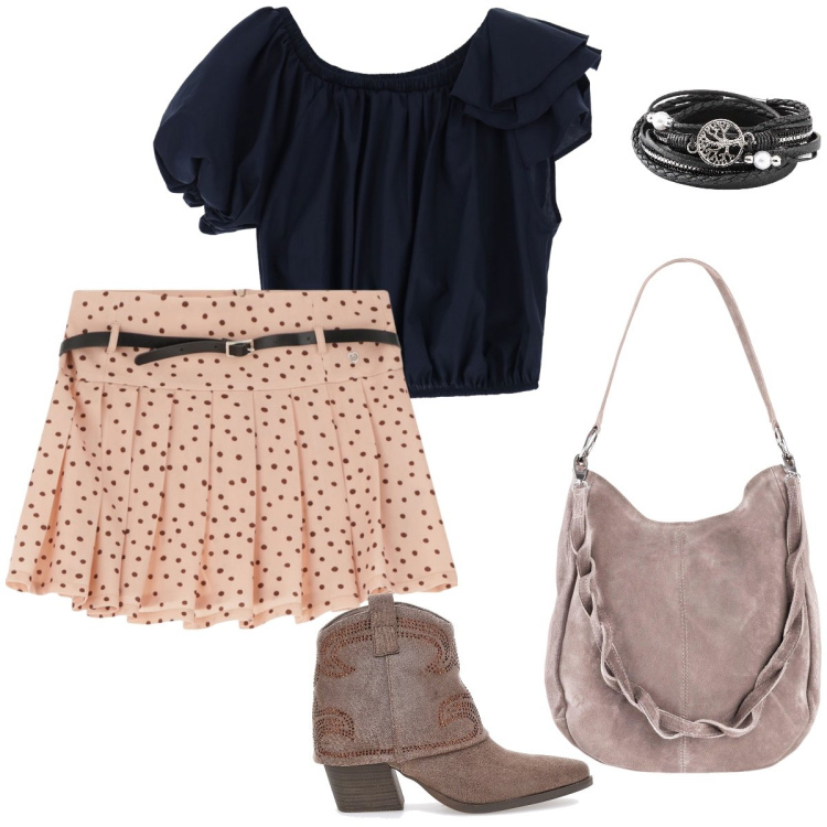 Outfit donna - Texano in estate. Stile Trendy per Tutti i giorni. Abbinamento con borse a mano, braccialetti, minigonne, top, stivaletti texani.