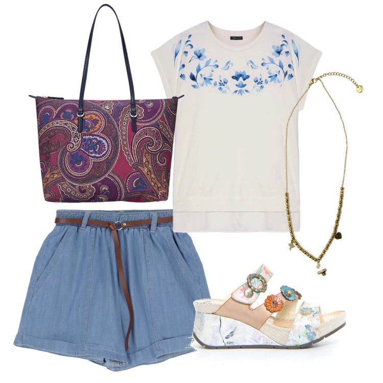 Outfit donna - Semplice in estate. Stile Basic per Tutti i giorni. Abbinamento con shorts, ciondoli, borse tote, t-shirt, ciabatte.