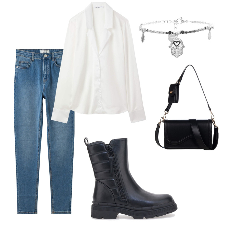 Outfit donna - Stile, gusto e amicizia. Stile Urban per Tutti i giorni. Abbinamento con jeans skinny, bluse, pochette, braccialetti, stivaletti.