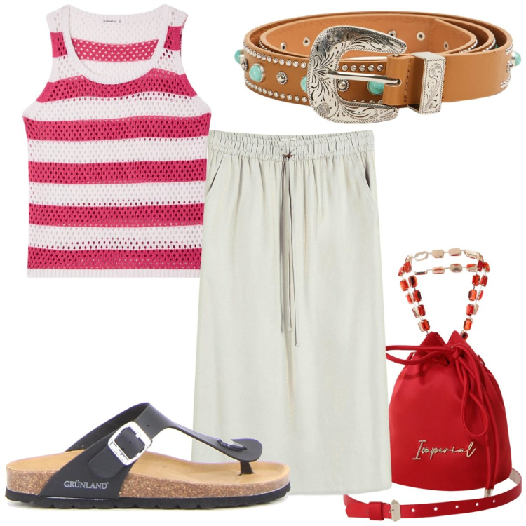 Outfit donna - Set 2 pezzi coordinato: top e pantalone. Stile Trendy per Tutti i giorni. Abbinamento con gonne longuette, top, cinture, borse a secchiello, ciabatte.