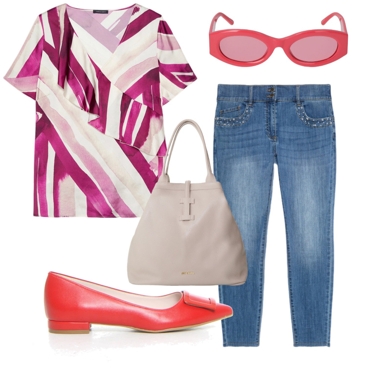 Outfit donna - Giro in centro. Stile Casual per Tutti i giorni. Abbinamento con borse tote, bluse, jeans skinny, occhiali da sole, ballerine.