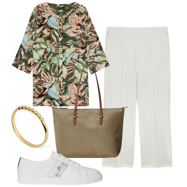 Outfit donna - Giro in centro 2. Stile Casual per Tutti i giorni. Abbinamento con borse tote, sneakers, pantaloni, camicie, anelli.