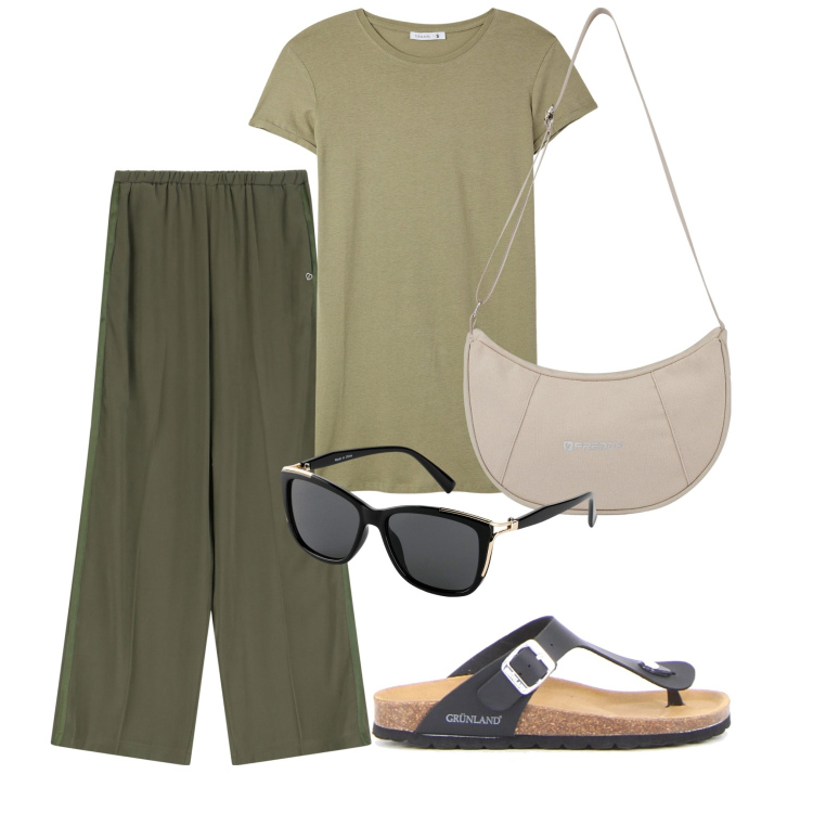 Outfit donna - Molto Easy. Stile Minimal per Tutti i giorni. Abbinamento con occhiali da sole, t-shirt, pantaloni, borse a spalla, ciabatte.