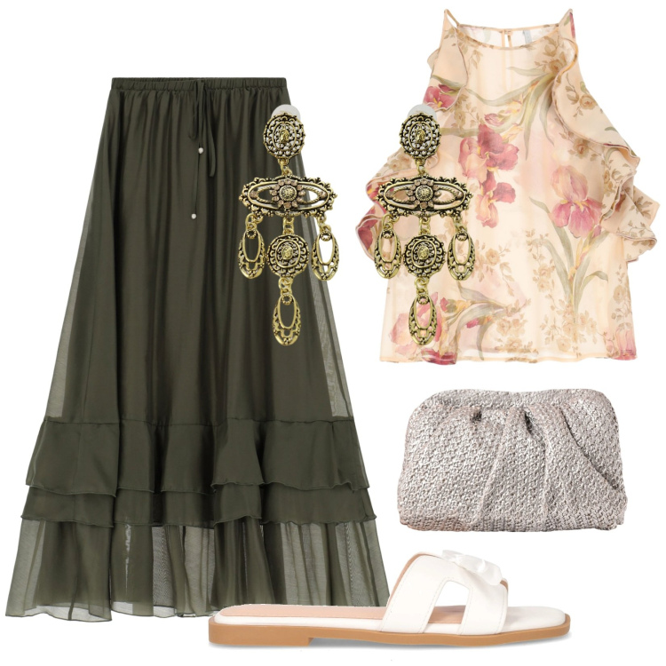 Outfit donna - Il top floreale. Stile Romantica per Mare. Abbinamento con gonne lunghe, canottiere, orecchini, clutch, ciabatte.