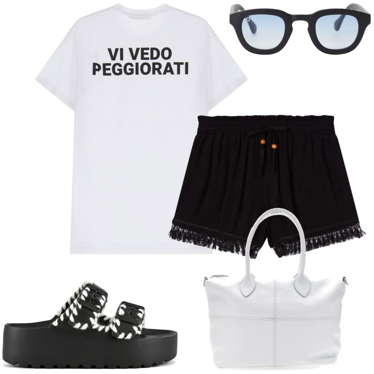 Outfit donna - T-shirt con stampa. Stile Casual per Mare. Abbinamento con shorts, t-shirt, occhiali da sole, ciabatte, borse a mano.