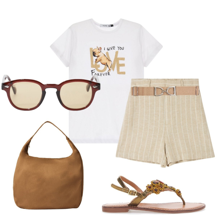 Outfit donna - Disinvolta. Stile Glamour per Tutti i giorni. Abbinamento con bermuda, cinture, borse a mano, t-shirt, occhiali da sole, sandali gioiello.