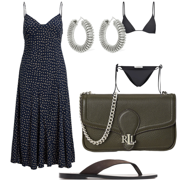 Outfit donna - Ristorante della spiaggia. Stile Glamour per Serata fuori. Abbinamento con vestiti senza maniche, clutch, orecchini, bikini, infradito.
