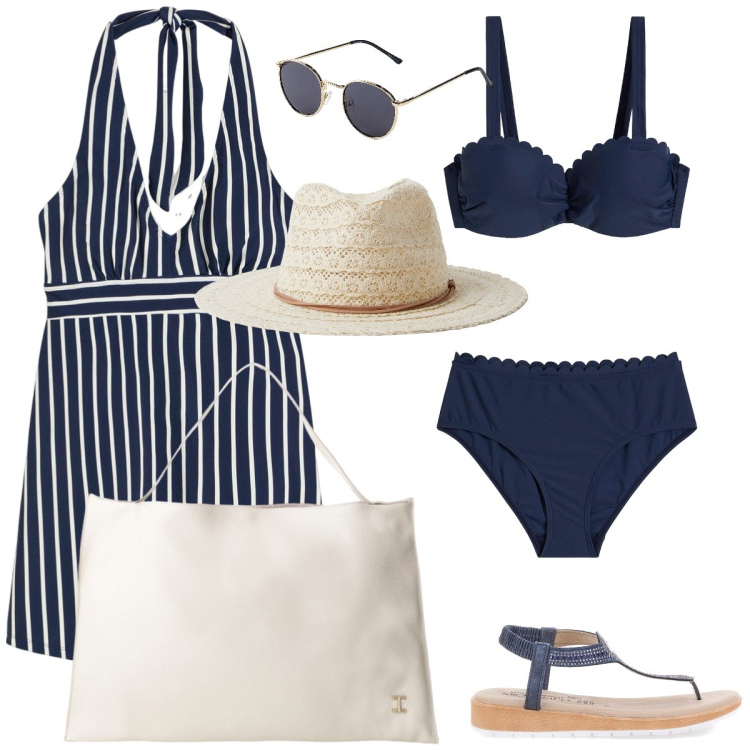 Outfit donna - Al mare. Stile Chic per Mare. Abbinamento con bikini, occhiali da sole, vestiti da spiaggia, cappelli, borse a spalla, ciabatte.