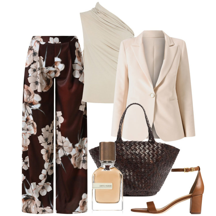 Outfit donna - Florage d\'agosto. Stile Chic per Cerimonia. Abbinamento con profumi, pantaloni a palazzo, blazer, sandali in pelle, shopping bag, top.